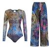 Costume da bagno con maniche lunghe e protezione solare da donna, alta elasticità, tessuto a rete ispessito, pantaloni larghi, costume da bagno europeo e americano, costume intero da fitness
