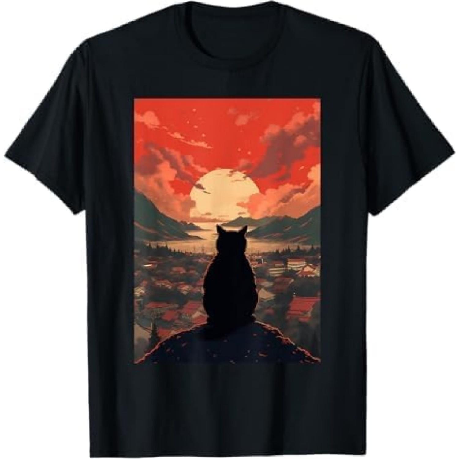 

Catzilla in Japanese Sunset - Vintage Funny Cat Art T-Shirt PNCAAPT Black XXXXXL різнокольоровий
