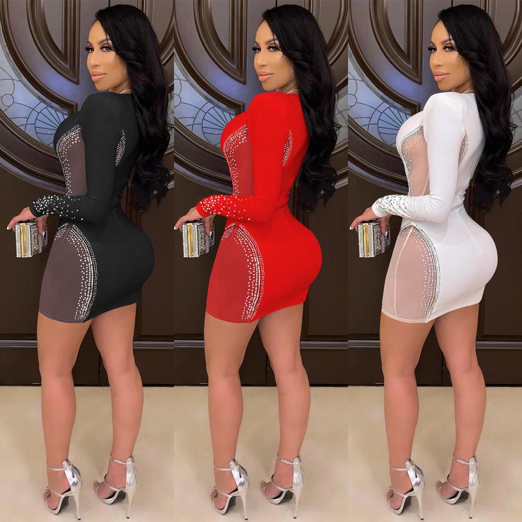 X5337: Sexy Deep V Rhinestone Party Dress with See-through Midi Skirt - European Fashion New Arrival