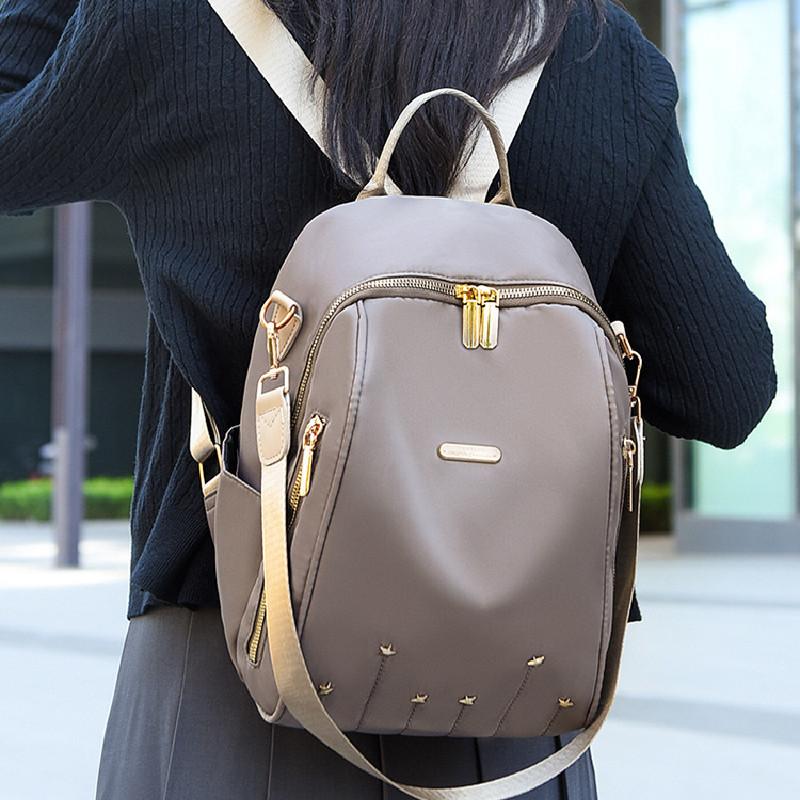 Simple Solid Color Gold Star Decoration Women Casual Nylon Backpack For Daily Use And Travel