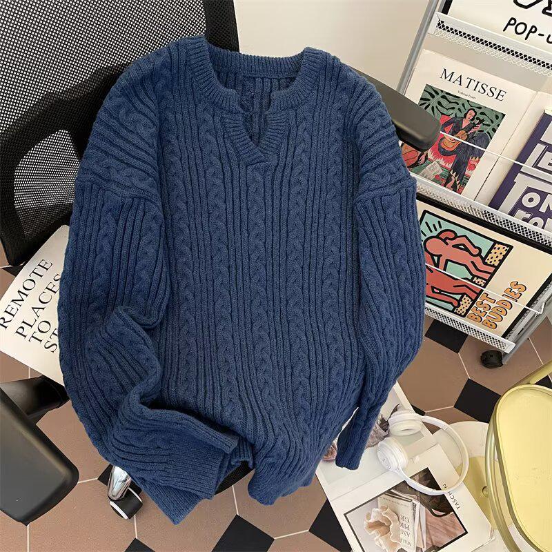 2025 Men's Thick V-Neck Cable Knit Loose Casual Sweater for Autumn