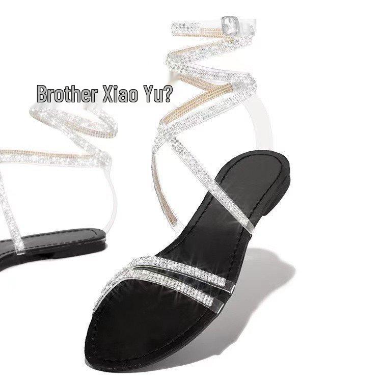 2021 Summer Rhinestone Flat Sandals - Women's Strap Wrap-around