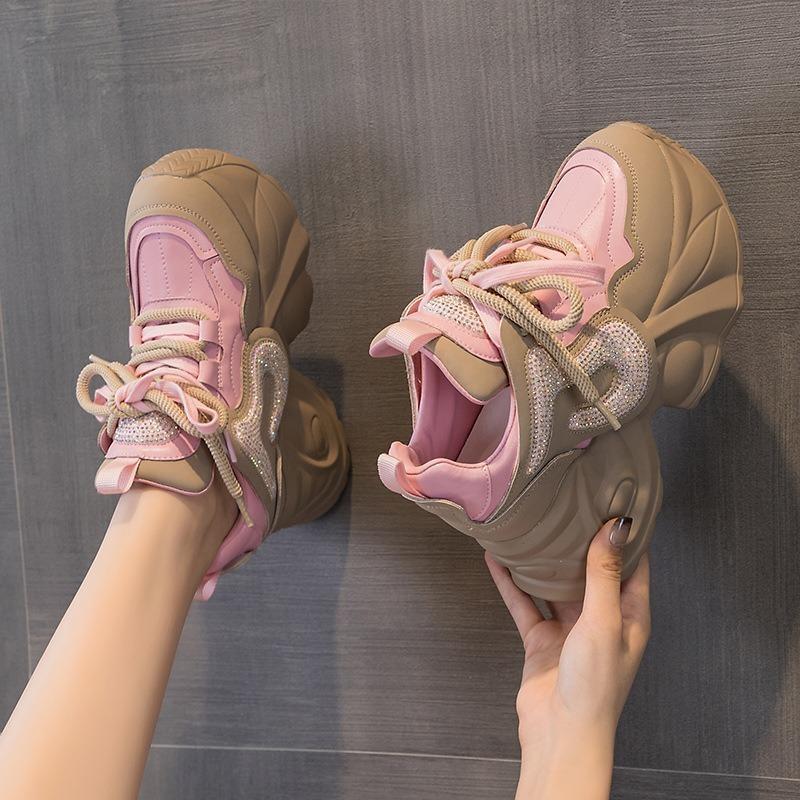 Fashion 7CM New Genuine Leather Platform Wedge Women Spring Autumn Chunky Sneakers 2024 Fashion Boots Bling Vulcanize Well-fitting Shoes