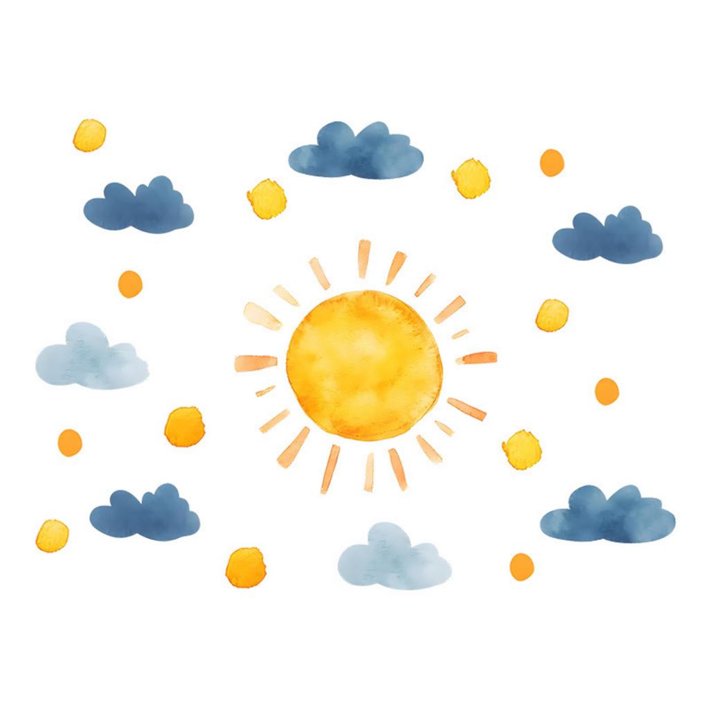 Bohemian Watercolor Sun and Cloud Wall Decals, Self-Adhesive Peel and Stick Stickers for Kids Bedroom, Kindergarten Decor
