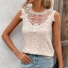 Kvinner Vår Sommer Elegant Blonder Patchwork O-Hals Hul Topp Ensfarget Heklet Camisole Topp Pullover Skjorte S-XL