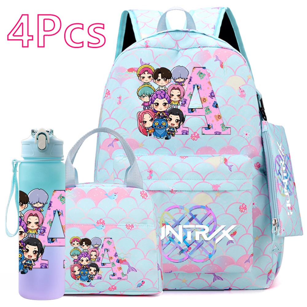 4 st/set 26 engelska bokstäver K-POP Tryckt Ryggsäck med Handväska Pennfodral 750 ml Vattenflaska för Tonåring Elev Pojke Flicka Stor Kapacitet Skolväska