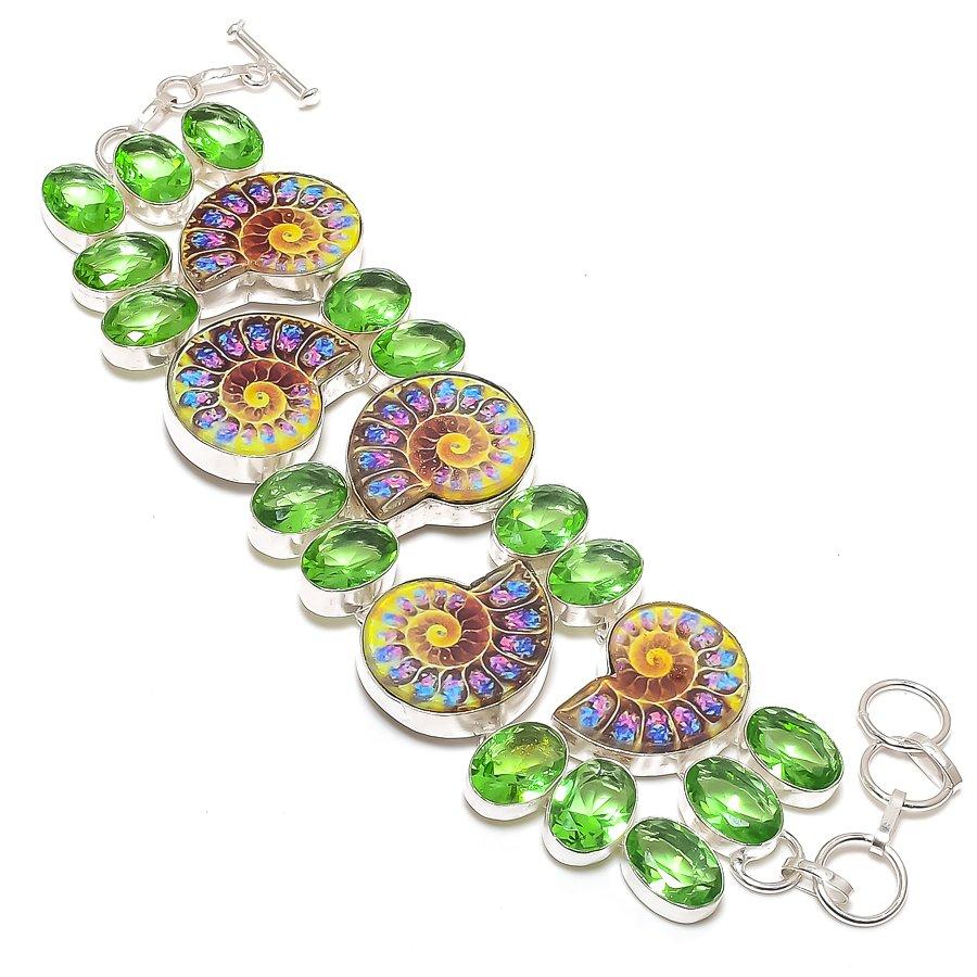 

Ammonite Fossil, Tsavorite Gemstone 925 Sterling Silver Bracelet 7-8 M4f36