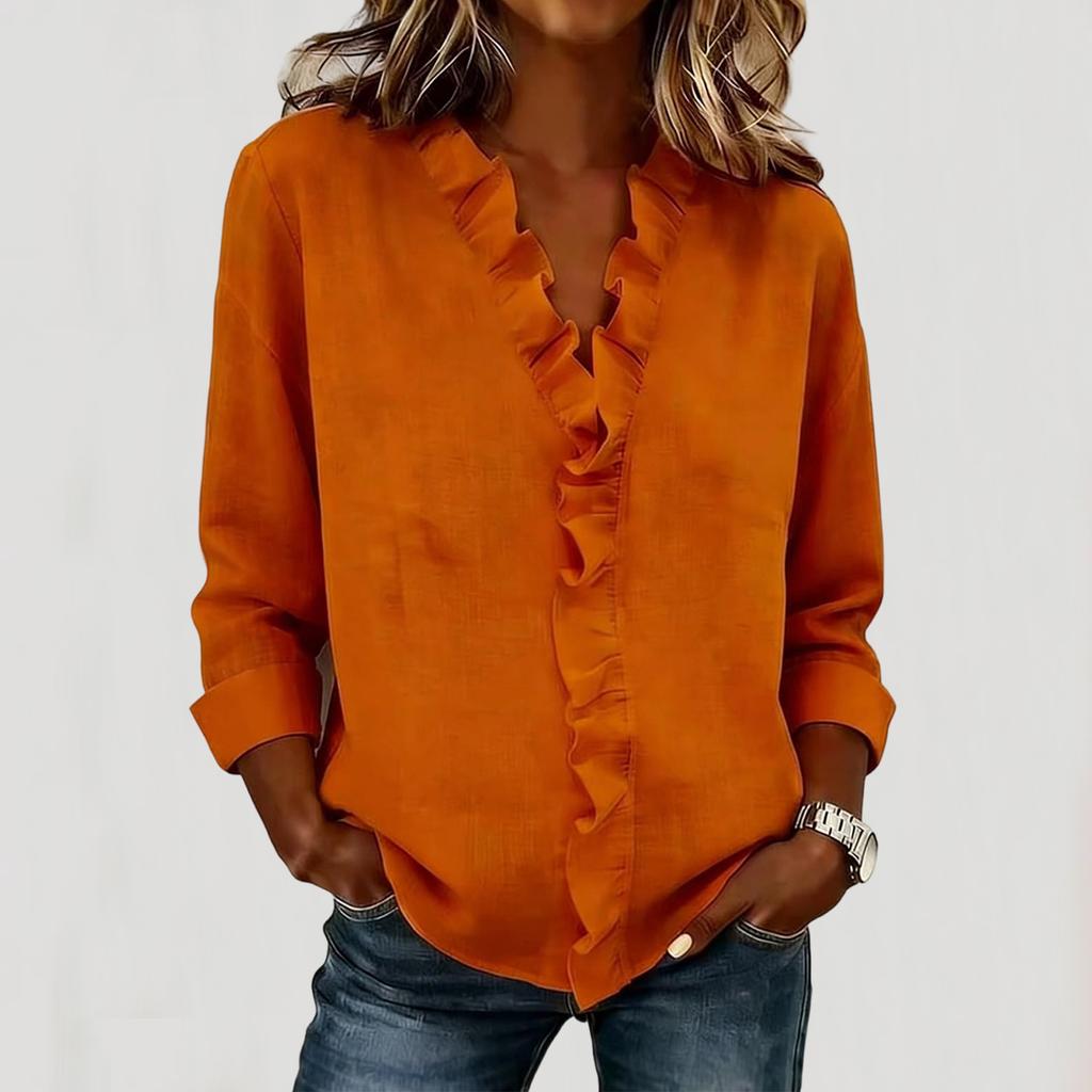 Women's Fashionable Color V Neck  Long Sleeved Shirt Casual Pullover Top