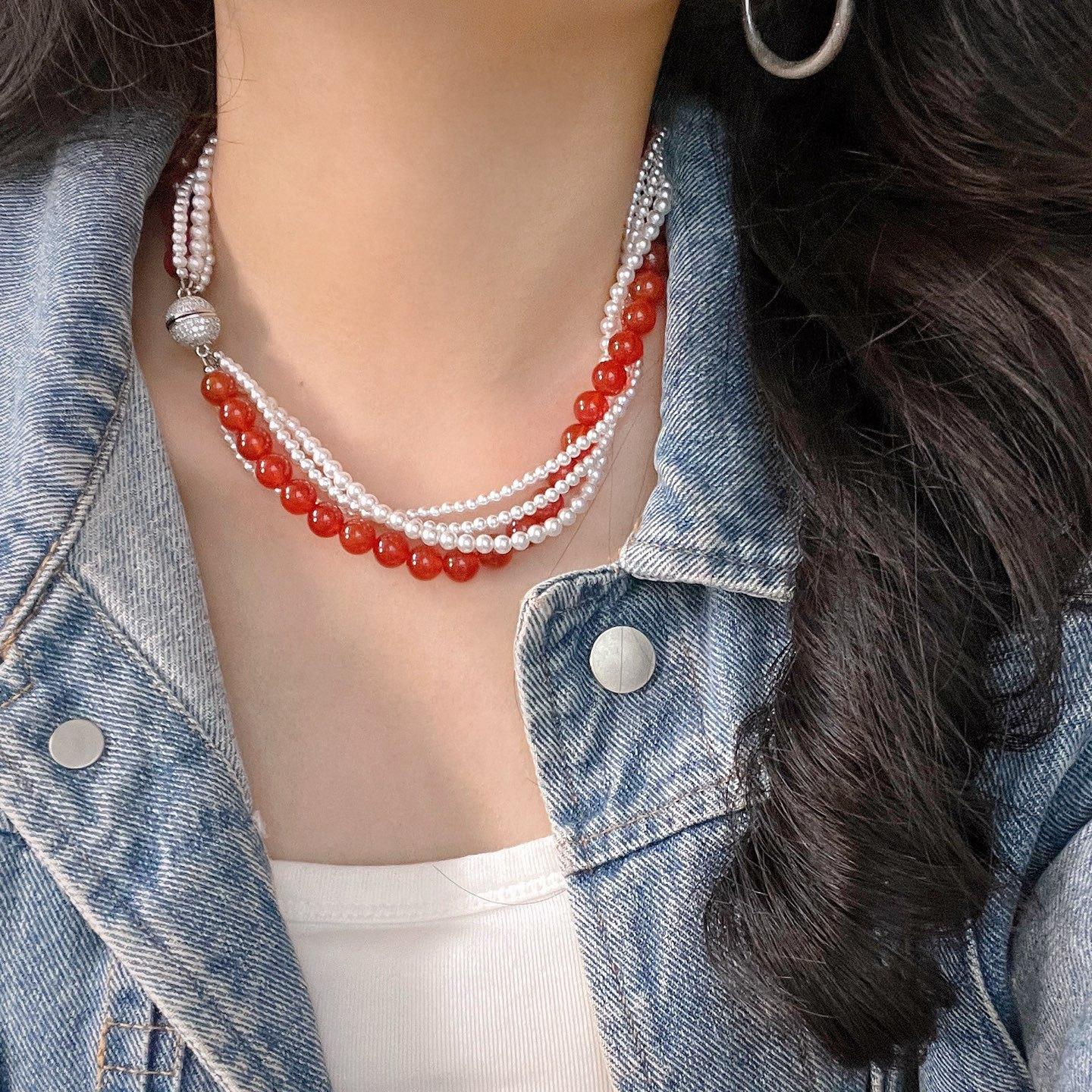

High Quality Natural Carnelian Artificial Crystal Pearl Multi-Layer Design Necklace Clavicle Chain