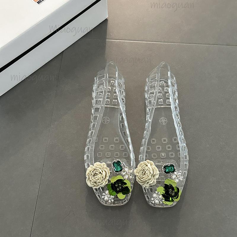 Diamond Sequins Flower Decorations Black Transparent Shoes for Women Summer Korean Style Hollowed Out Beach Flat Shoes