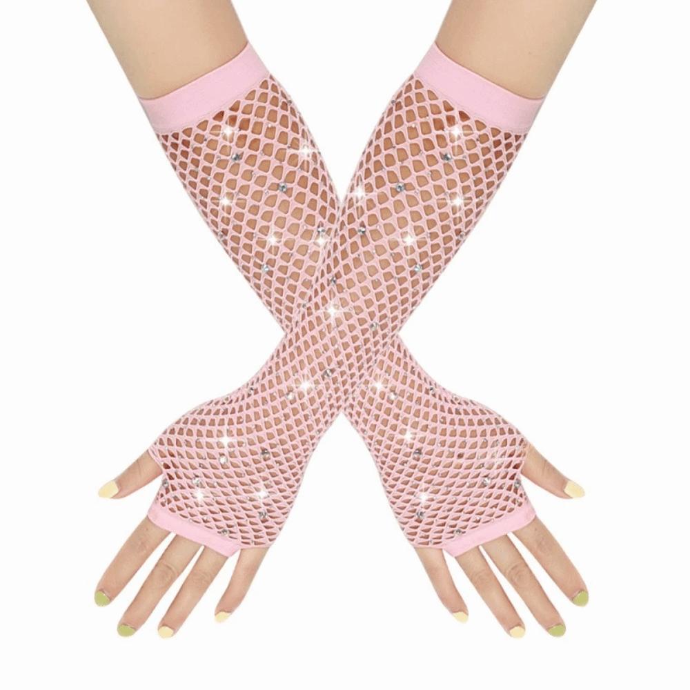 Elastic Rhinestone Gloves Shiny Mesh Lace Gloves Short Fishnet Fingerless Gloves Fashion Accessory