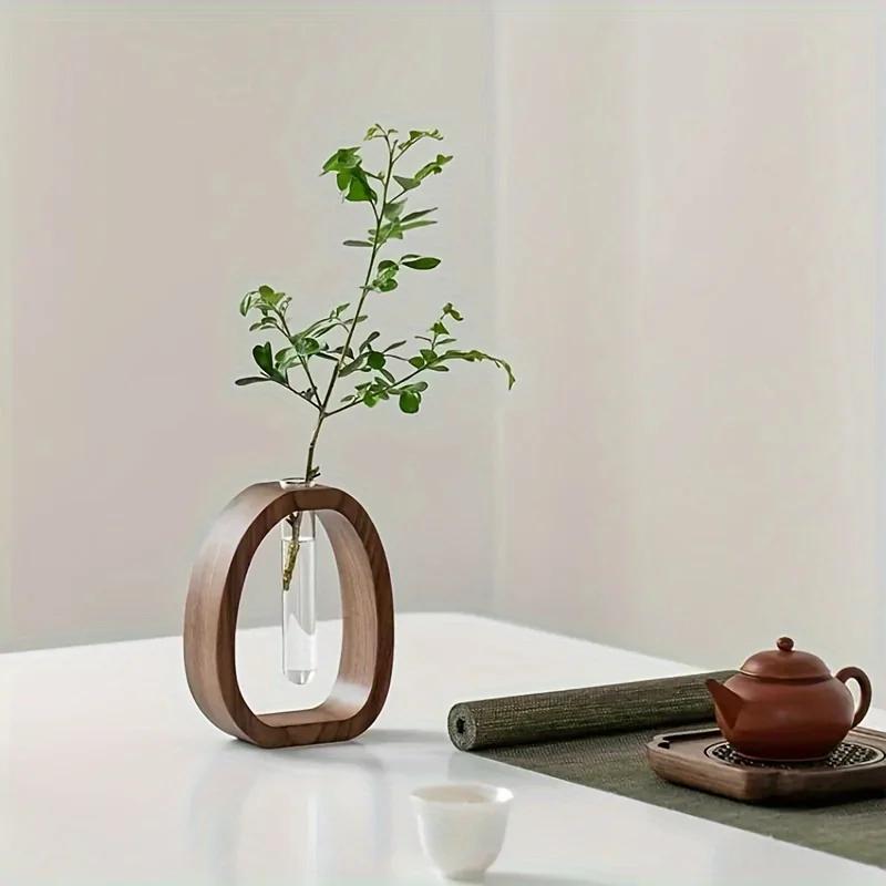 1pc Walnut Solid Wood Flower Set Hotel Decoration Simple Glass Plant Flower Arrangement Mini Aquatic Vase Hydroponic Flowerpot