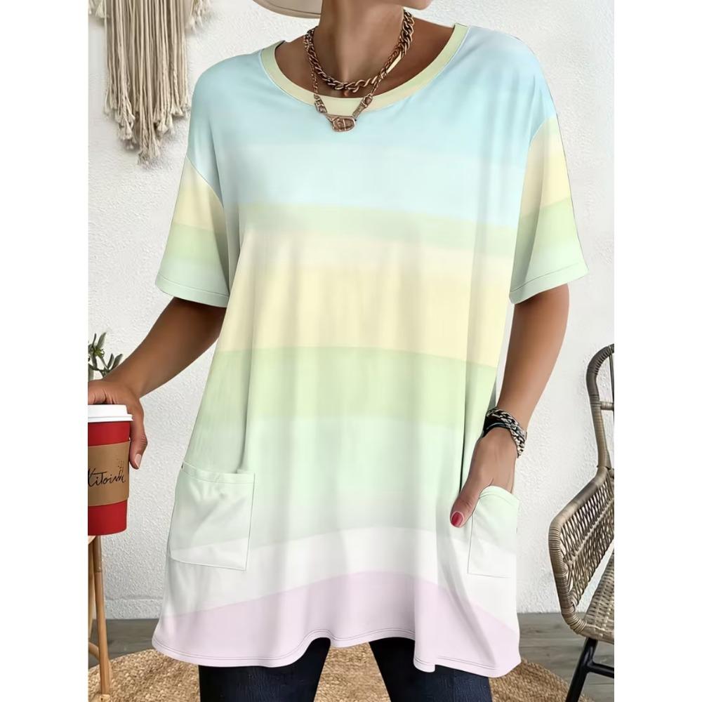 Women's Summer Short Sleeved T-shirt, 3D Printed Pocket T-shirt, Casual Plus Size T-shirt