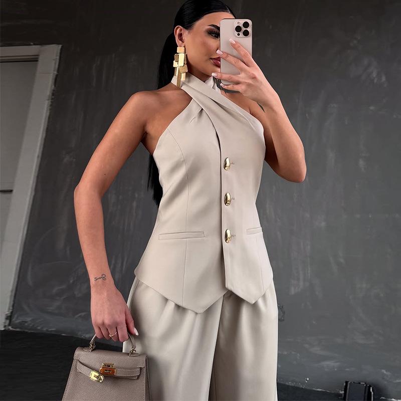 2025 Summer Women's Halter Top & High Waist Long Pants Set - European & American Style