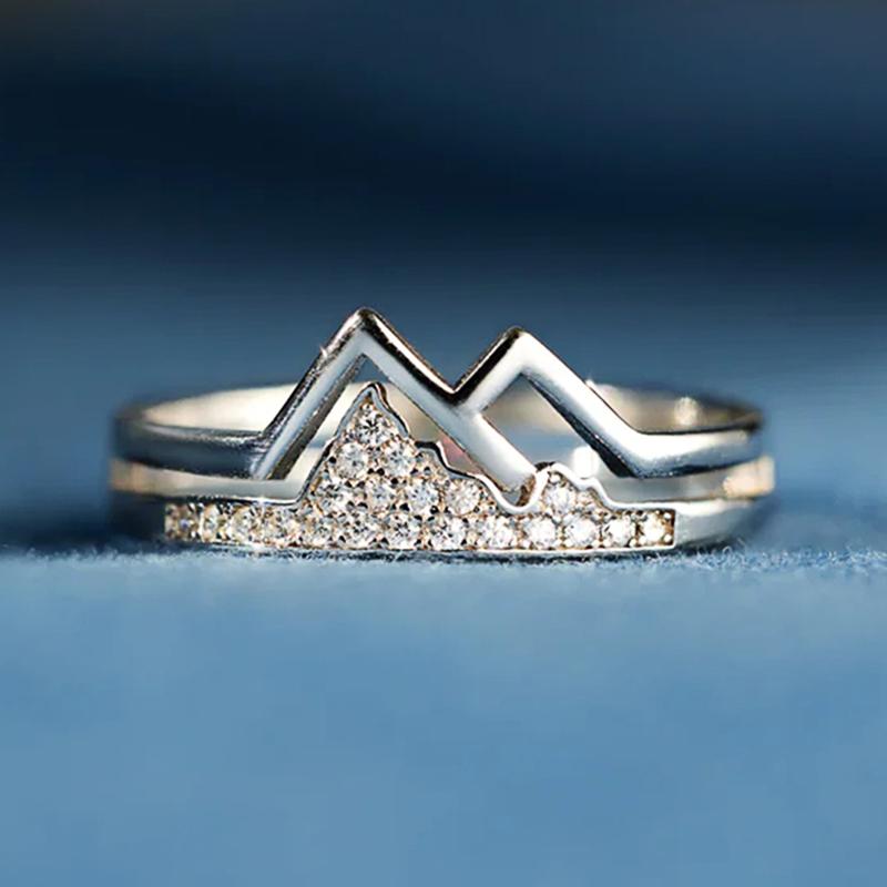 Huitan Creative Mountain Shaped Finger Ring Women Shiny Cubic Zirconia Exquisite Female Rings Party Daily Wear Statement Jewelry