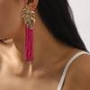 Women Fashion Bohemian Handmade Beaded Rice Bead Tassel Long Earrings Creative Alloy Leaf Ear Jewelry