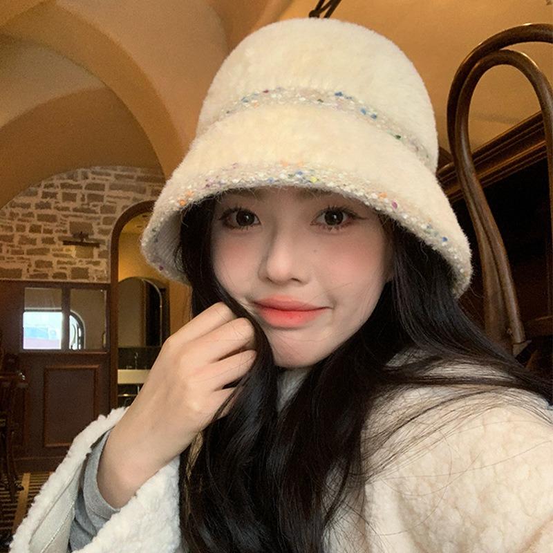 Winter Mixed Color Splicing Plush Simple Bucket Hat Outdoor Casual Versatile Warm Ear Protection Fashion Basin Cap For Women'S