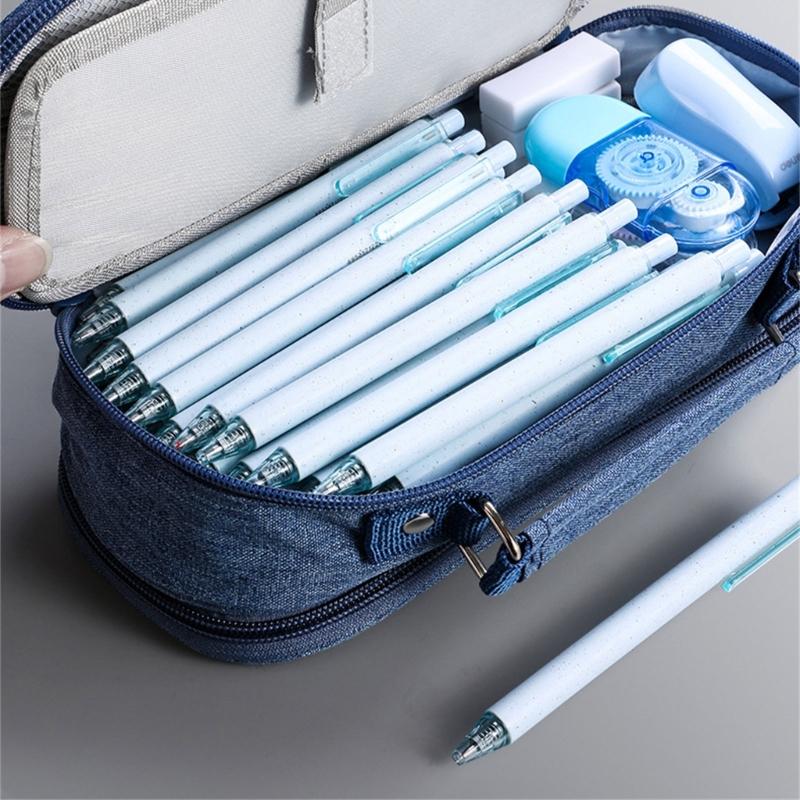 High Capacity Pen Case with Handle 5 Section Canvas Pencil Case Large Pencil Pouches Travel Cosmetic Bag 24x8.5x11cm