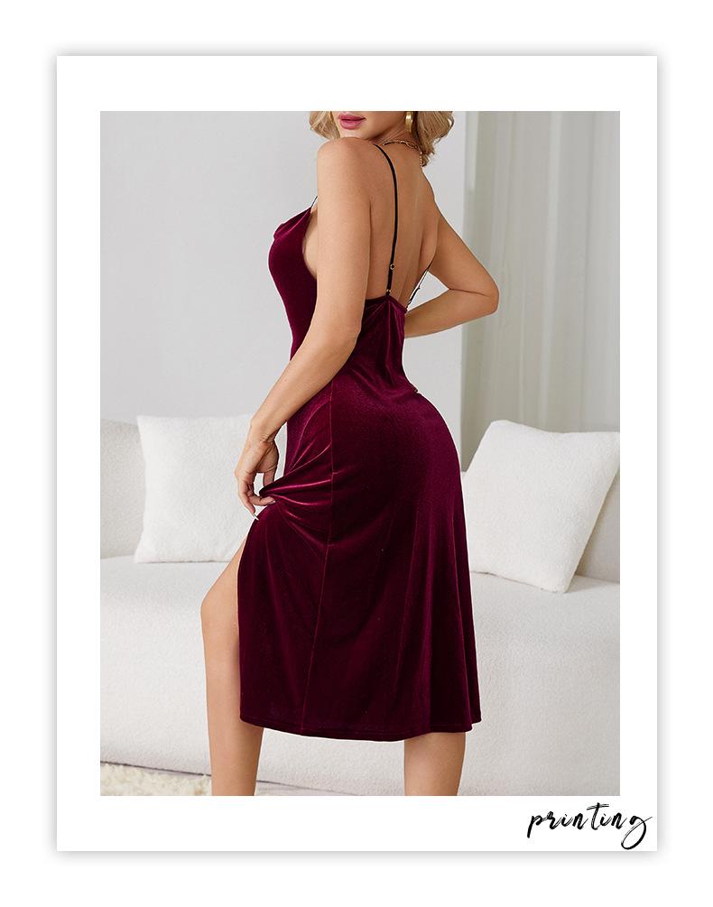 Fiyun Elegant Velvet Nightgown with Sexy Slit and Backless Design - European & American Style Home Set 651