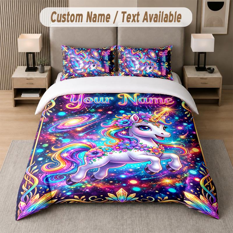 Unicorn Theme Custom Text Or Name 3Pcs Bedding Set 1 Flat Sheet & 2 Pillowcases Personalized Home Bedding