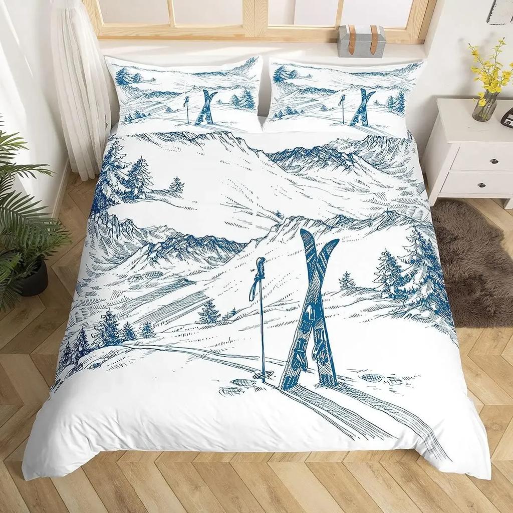 Ski Sports Duvet Cover Queen For Boy Teen Winter Sports Ski Theme Comforter Cover Microfiber Snow Mountain Landscape Bedding Set