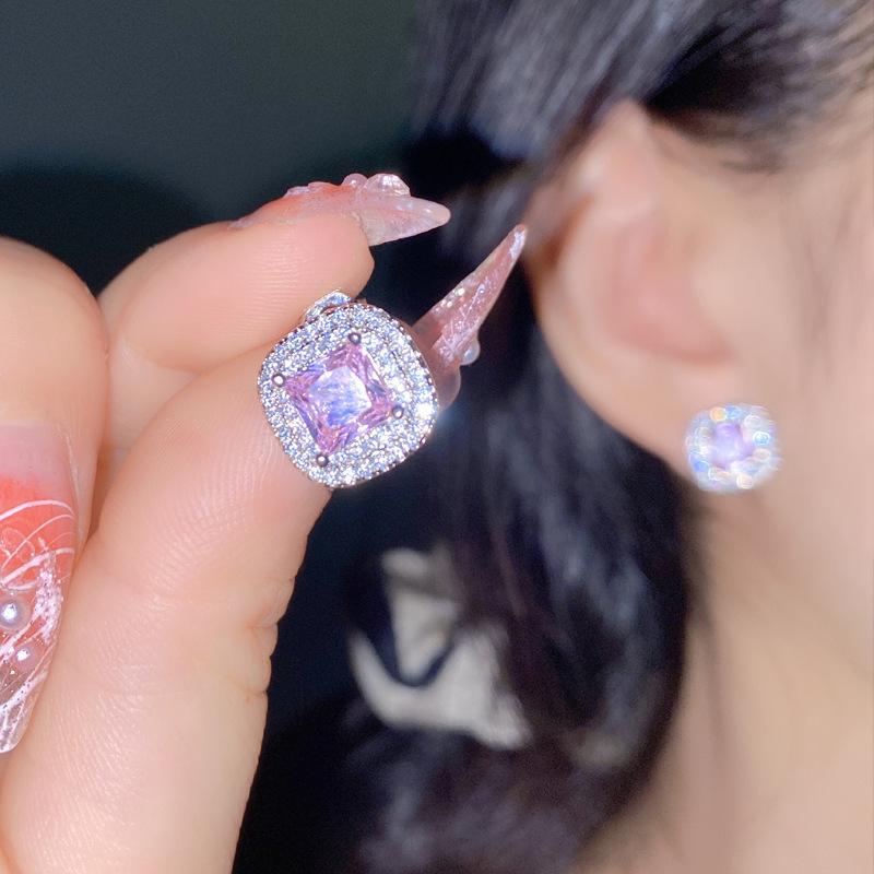 Purple & Pink Gemstone Jewelry Set: Grape Stud Earrings and Asscher Cut Adjustable Ring