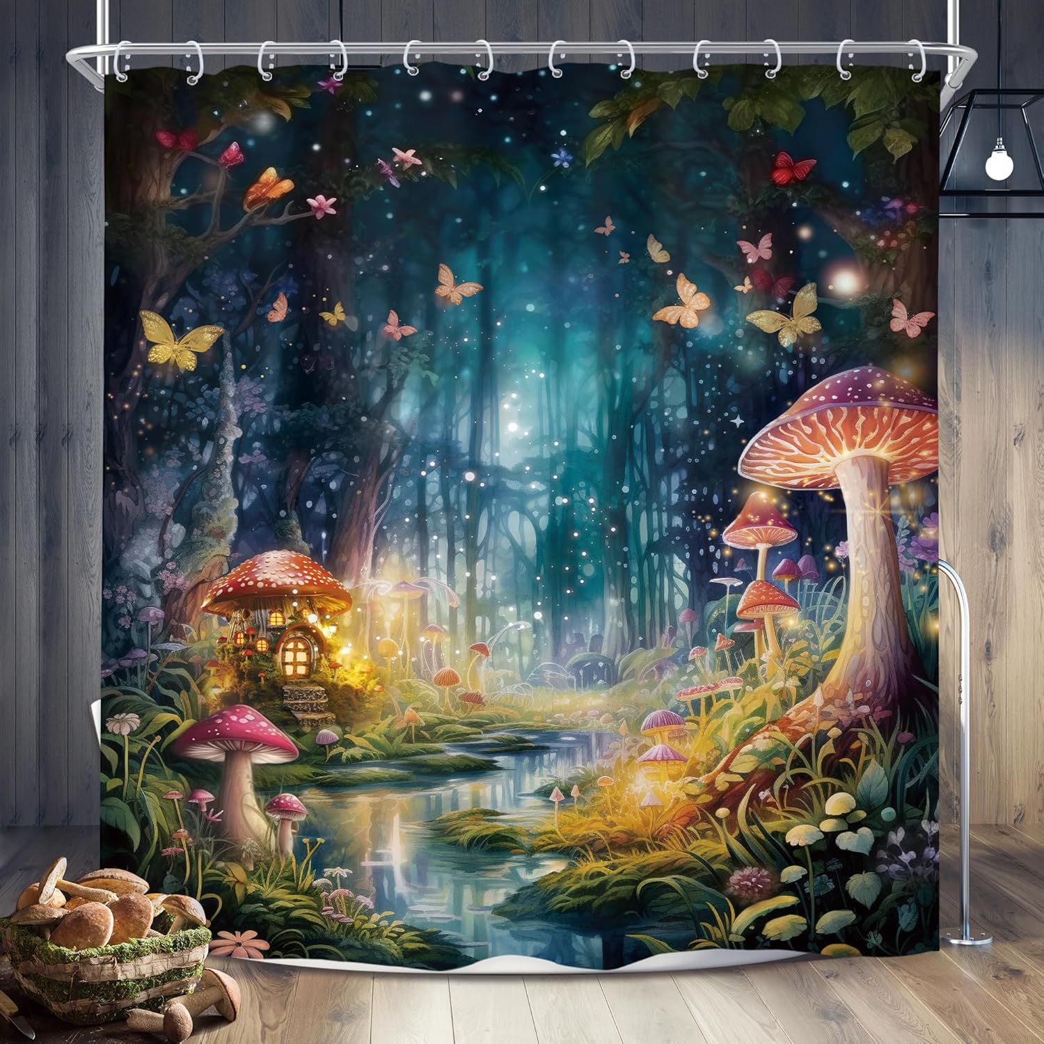 

Floral Butterfly Shower Curtain Spring Pink Blue Vintage Flowers Purple Lavender Weeping Wisteria Blossom Envelope Bathroom W60H190(CM)-1 Pcs