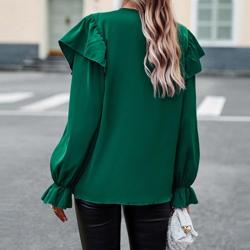 Vintage Ruffles Plise Kadın Bluz V Yaka Zarif 2023 Rahat Gevşek Dantel Gömlek Flare Uzun Kollu Üstleri Kadın Blusas Mujer 27988