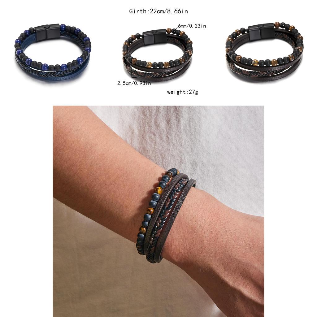 Geometric Style Mens Weaving Leather Wristband With Bead Design For Fashion And Travel