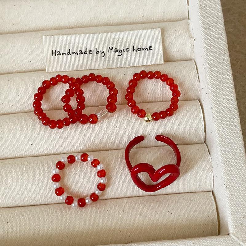Red Dripping Oil Love Beaded Elastic Rope Ring Female Retro Personality Fashion Commuting Simple Versatile Ring Ring
