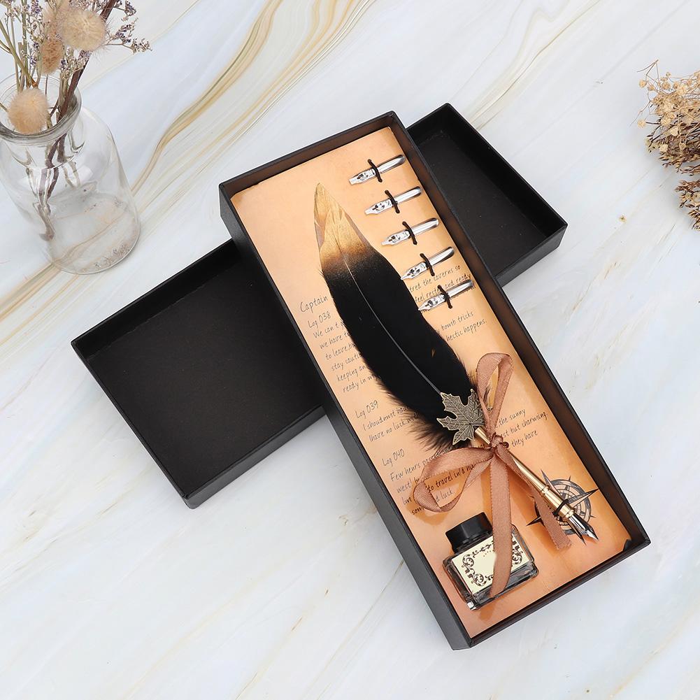 Retro Rostfritt Stål Spetsar Dopp Skrivfjäderpenna Studentgåva med Förpackningslåda(Svart)