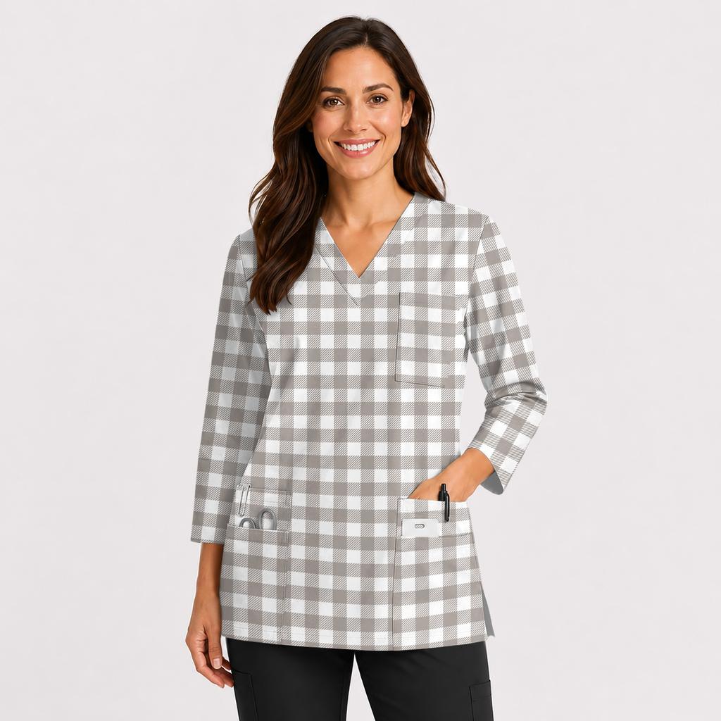 Women's V-Neck Scrub Top with Pockets and Side Slits, 3/4 Sleeve Uniform Work Top