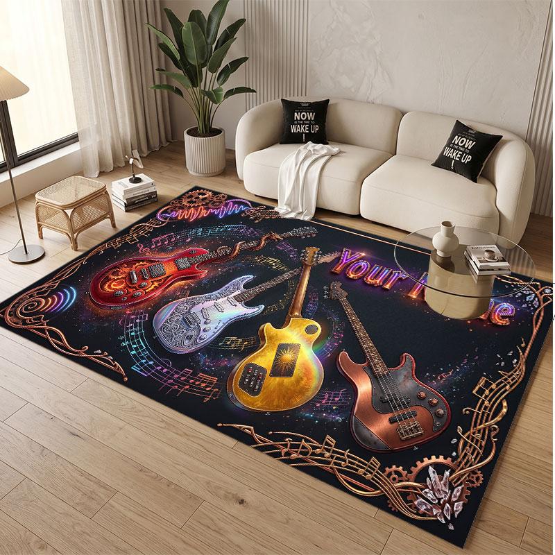 Music Guitar Theme Soft Crystal Velvet Rug Custom Name & Text Print Non Slip Floor Rug for Bedroom Living Room