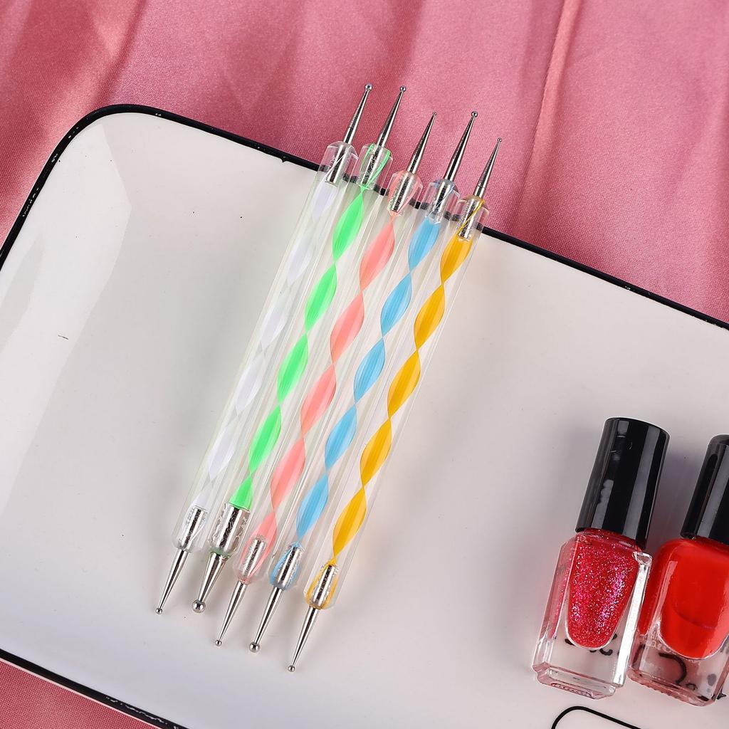 5Pcs/set Acrylic Double-ended Nail Pen, Spiral Rod, Dot Drill Pen, Dot Pattern Needle Dot, Ballpoint Pen, Dot Circle, Dual-purpose Nail Brush Set