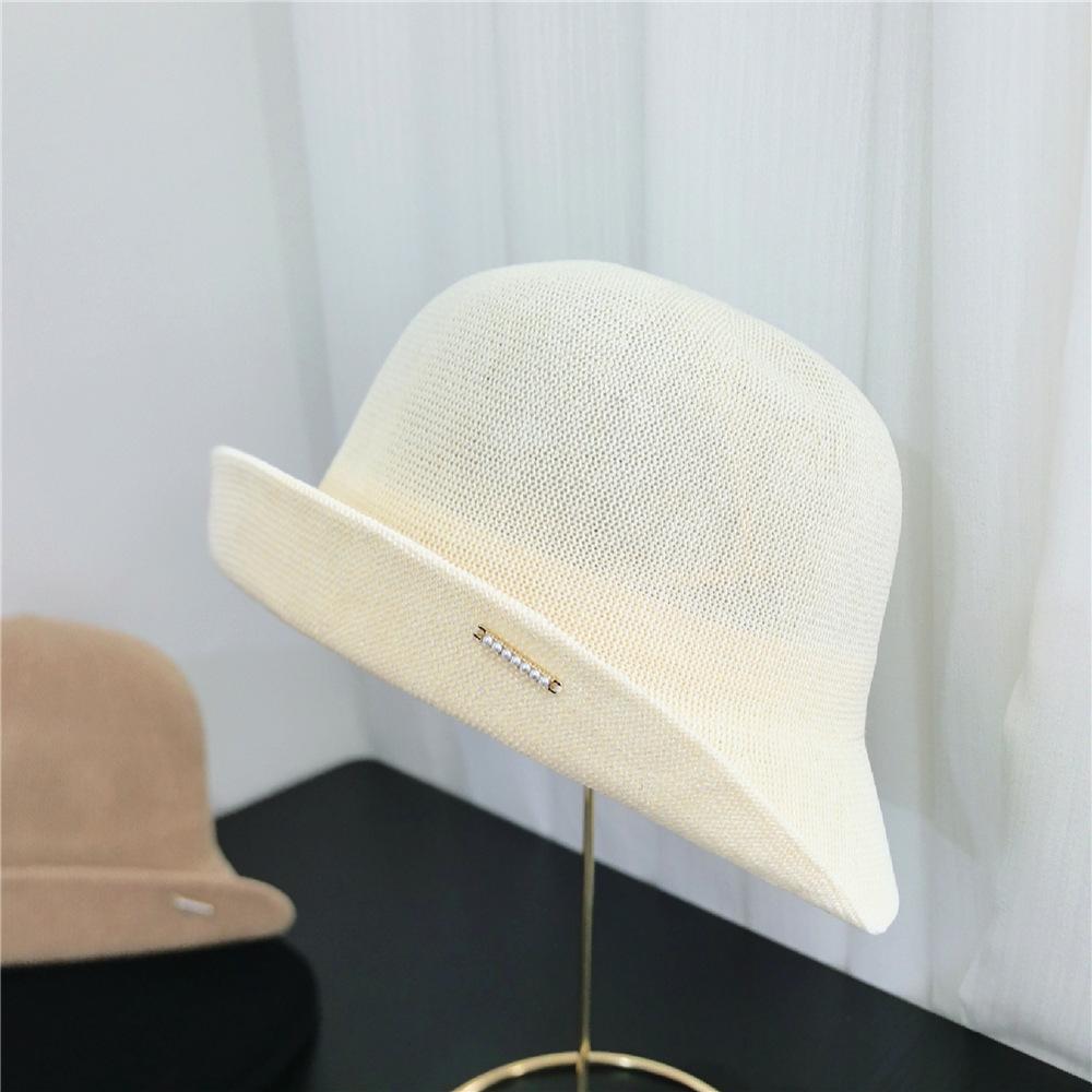 Women's Summer French Semi-Upturned Pearl Fisherman Hat Fashionable Basin Hat Hollow out Breathable Sun Hat