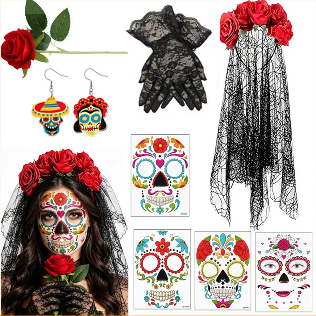 Halloween Bride Accessories Set with Red Rose Gloves Earrings and Stickers for Costume Photo Props