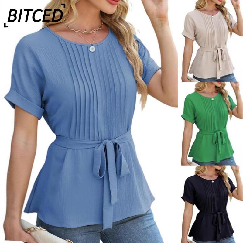 BITCED Women's Fashion Casual Solid Color Print Short Sleeve O-Neck Blouses & Shirts International Design