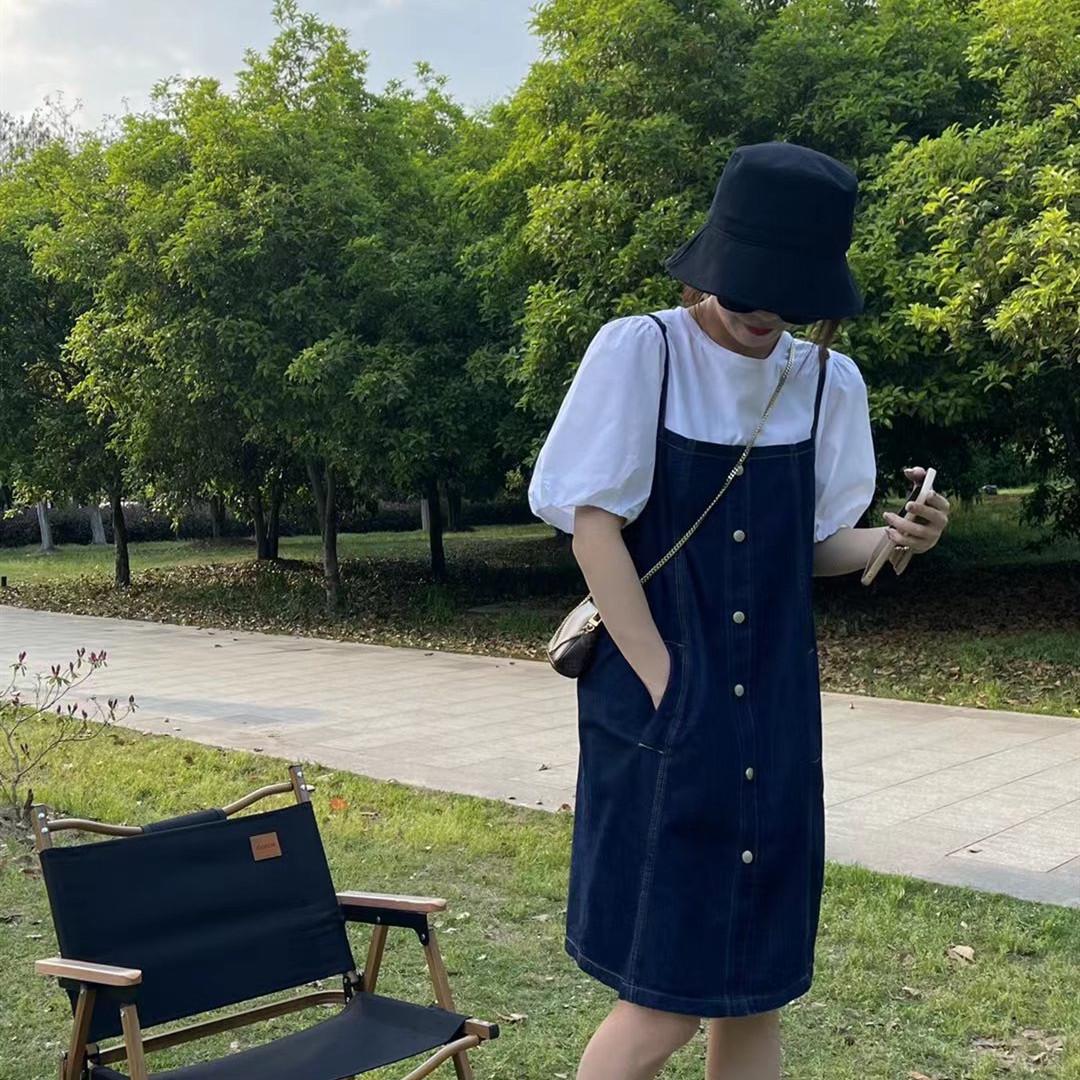 European Summer 2026 Fashion Denim Overalls & Puff Sleeve T-shirt Women s Two-Piece Set S (Below 100 jin)