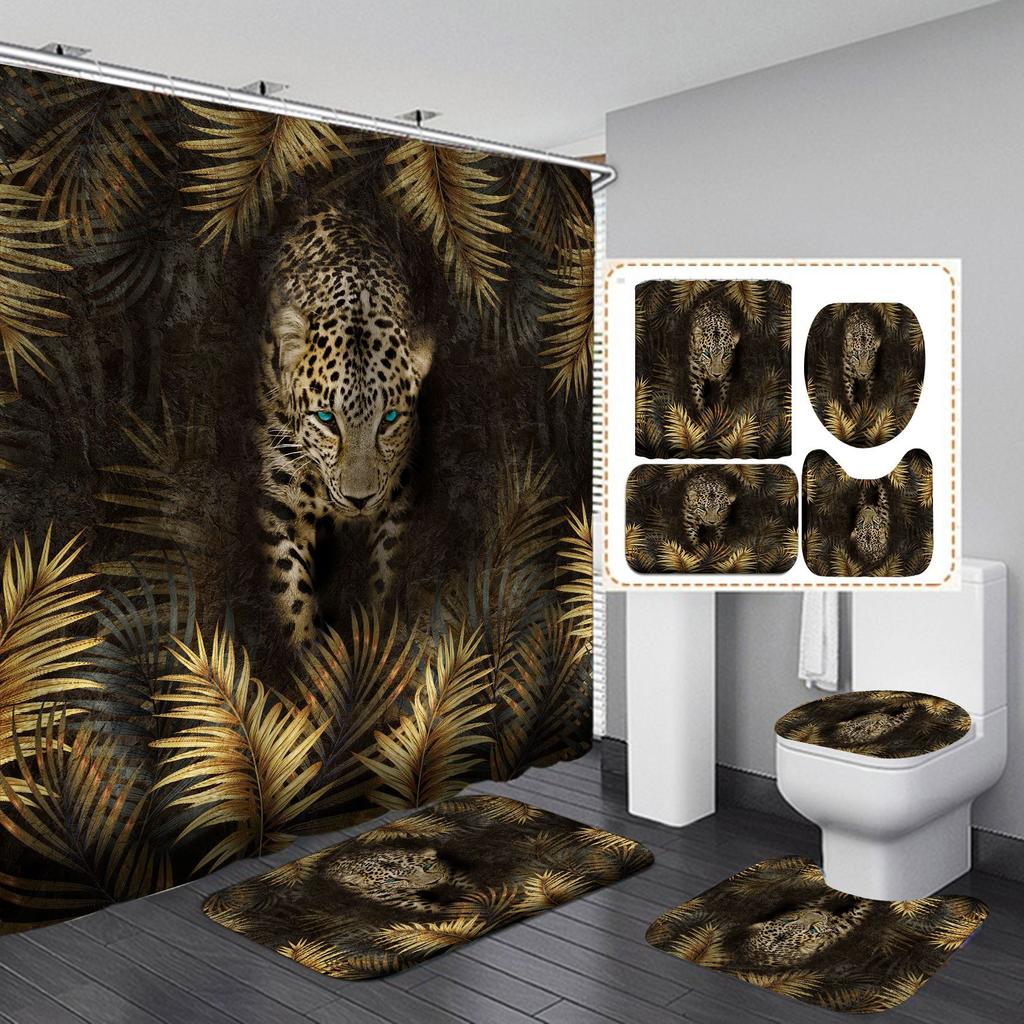 4Pcs Leopard Series Shower Curtain Sets for Bathroom Non-Slip Bathroom Rugs Lid Toilet Cover Bath Mat