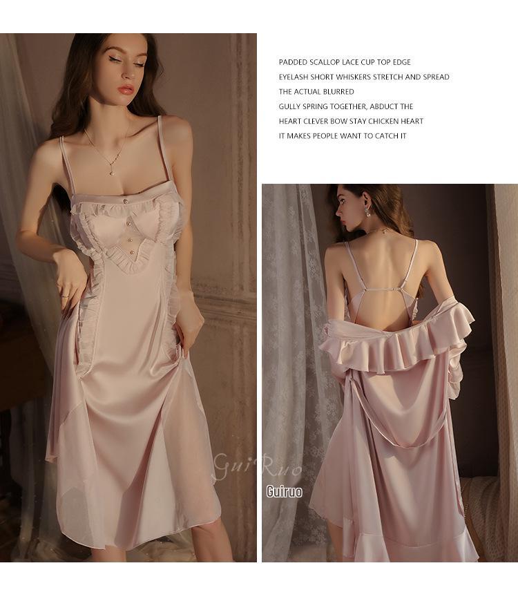 Rose Sweet Lingerie Set: Padded Camisole Dress with Tie-Front Robe