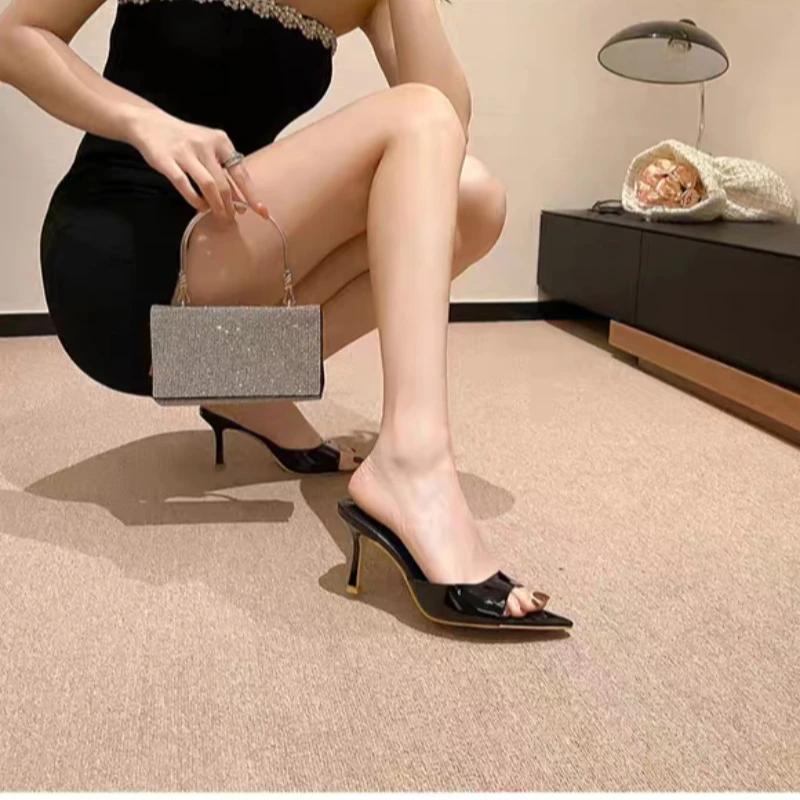 Dámské pantofle na vysokém podpatku Tenké podpatky Špičatá špička Jednobarevné pantofle Dámské šaty Banket Léto Krásné Stručné Zapatillas De Mujer