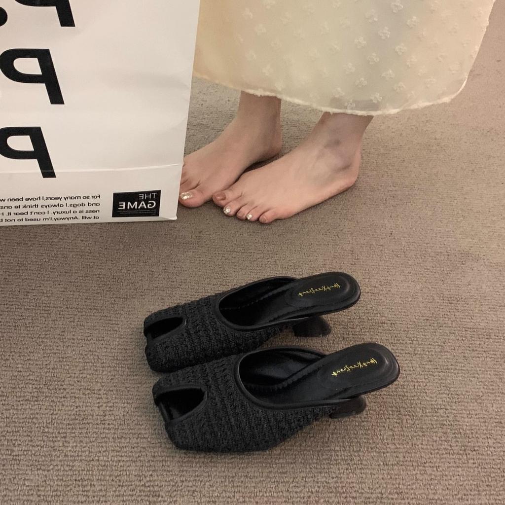 Late Evening Wind High Heel Niche Bohemian Boken Shoes Women's Outer Wear 2025 Summer Vacation Woven Coarse Heel Baotou Sandals