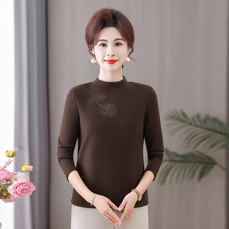 Women's Long-Sleeve Velvet-Lined Warm T-shirt for Middle-Aged & Elderly - Autumn/Winter Layer
