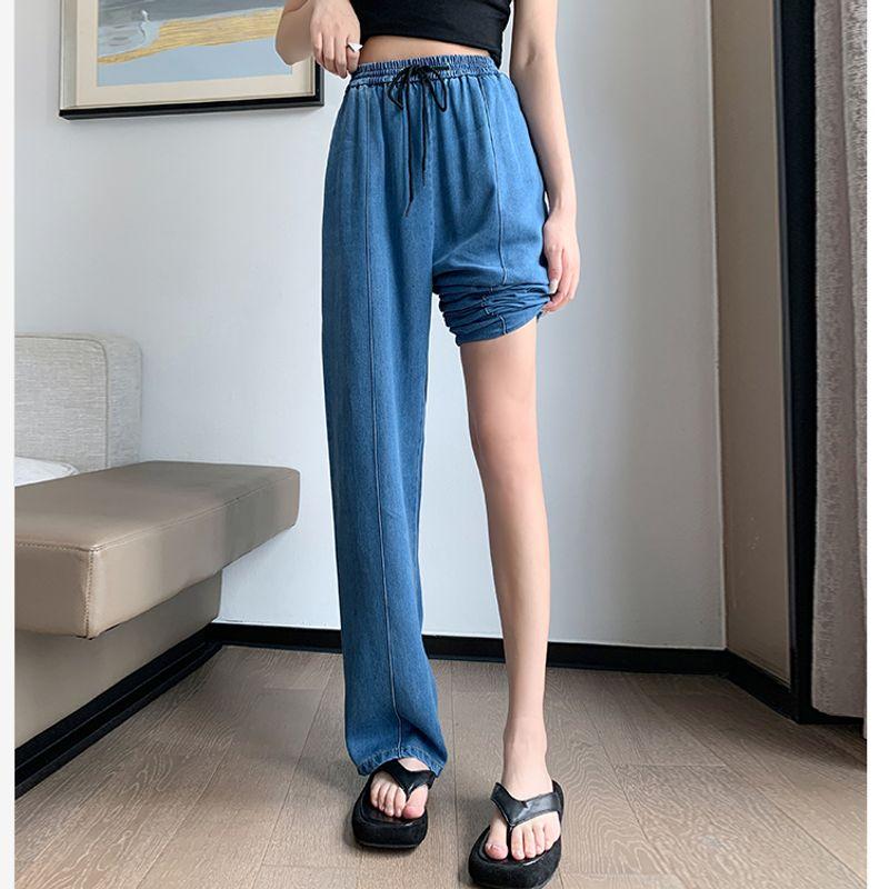 

Синие джинсы из тенселя Осень Большой размер Высокая посадка На шнуровке Свободные Повседневные Прямые Драпирующиеся Широкие брюки M-5XL Dark Blue 4XL