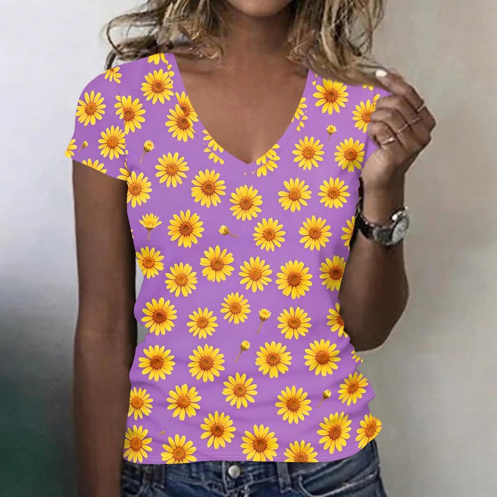 Women V Neck Short Sleeve Floral Print T Shirt Casual Loose Fit Lightweight Comfortable Top for Daily Wear