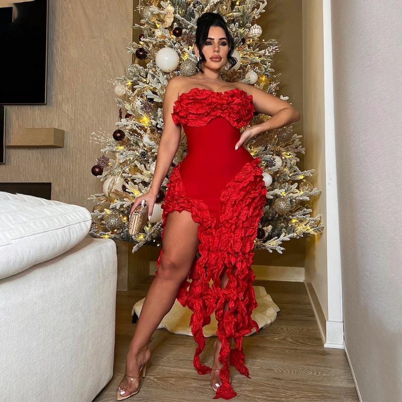 

Женское платье без бретелек, однотонное, сексуальное, с асимметричной бахромой и высоким разрезом L красный