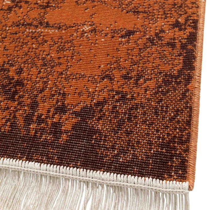 Tapis salon vintage avec franges orange rouille beige 160x230
