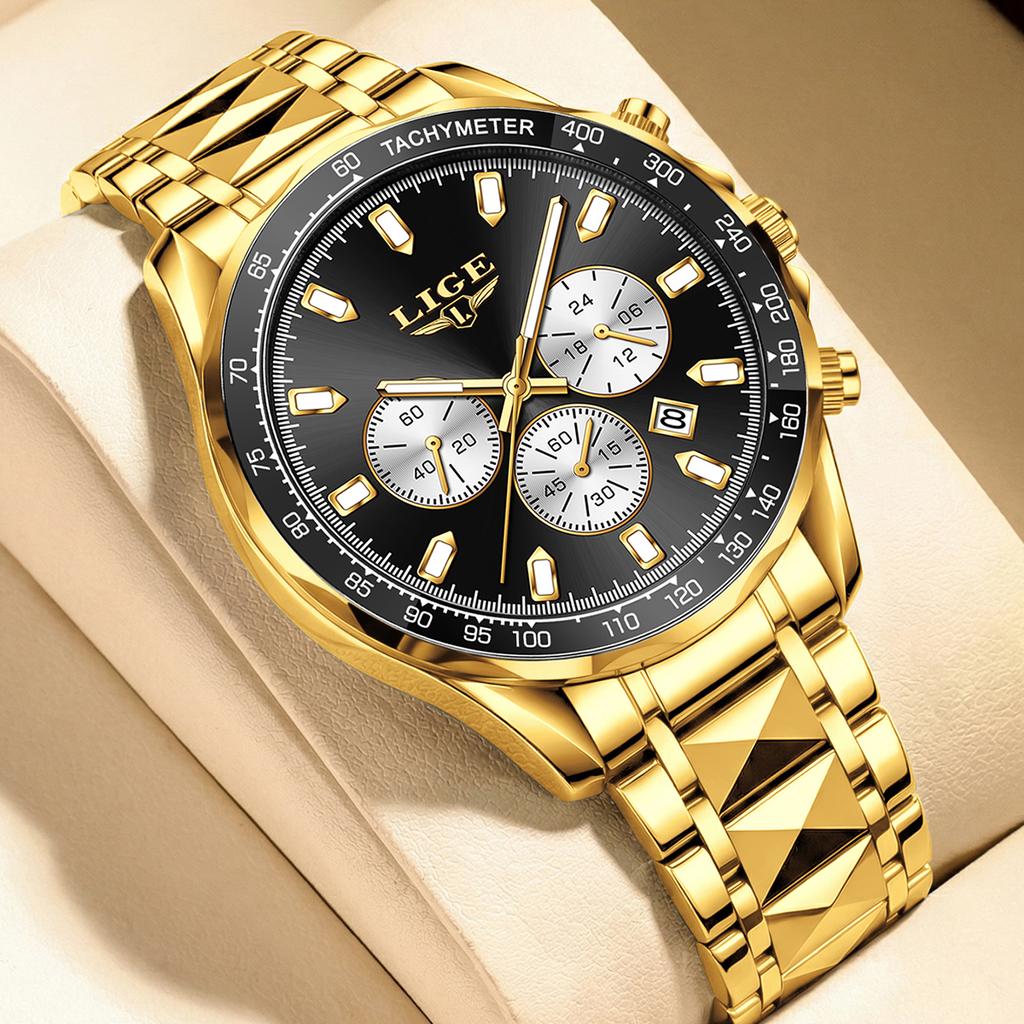 LIGE New Luxury Gold Men Watch Outdoor Sports Wateproof Chronograph Quartz Wristwatch Business Sport Male Clock Montre Homme+BOX