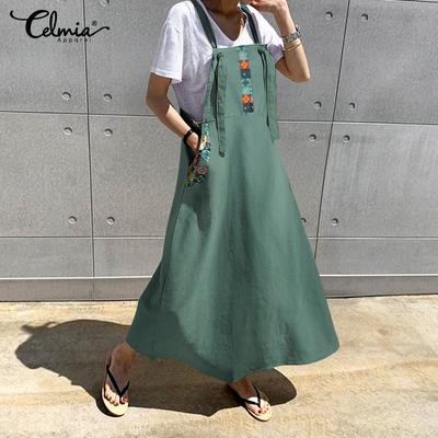 Women Strap Sleeveless A-line Long Dress Cotton Pockets Print Casual Loose Plus Size
