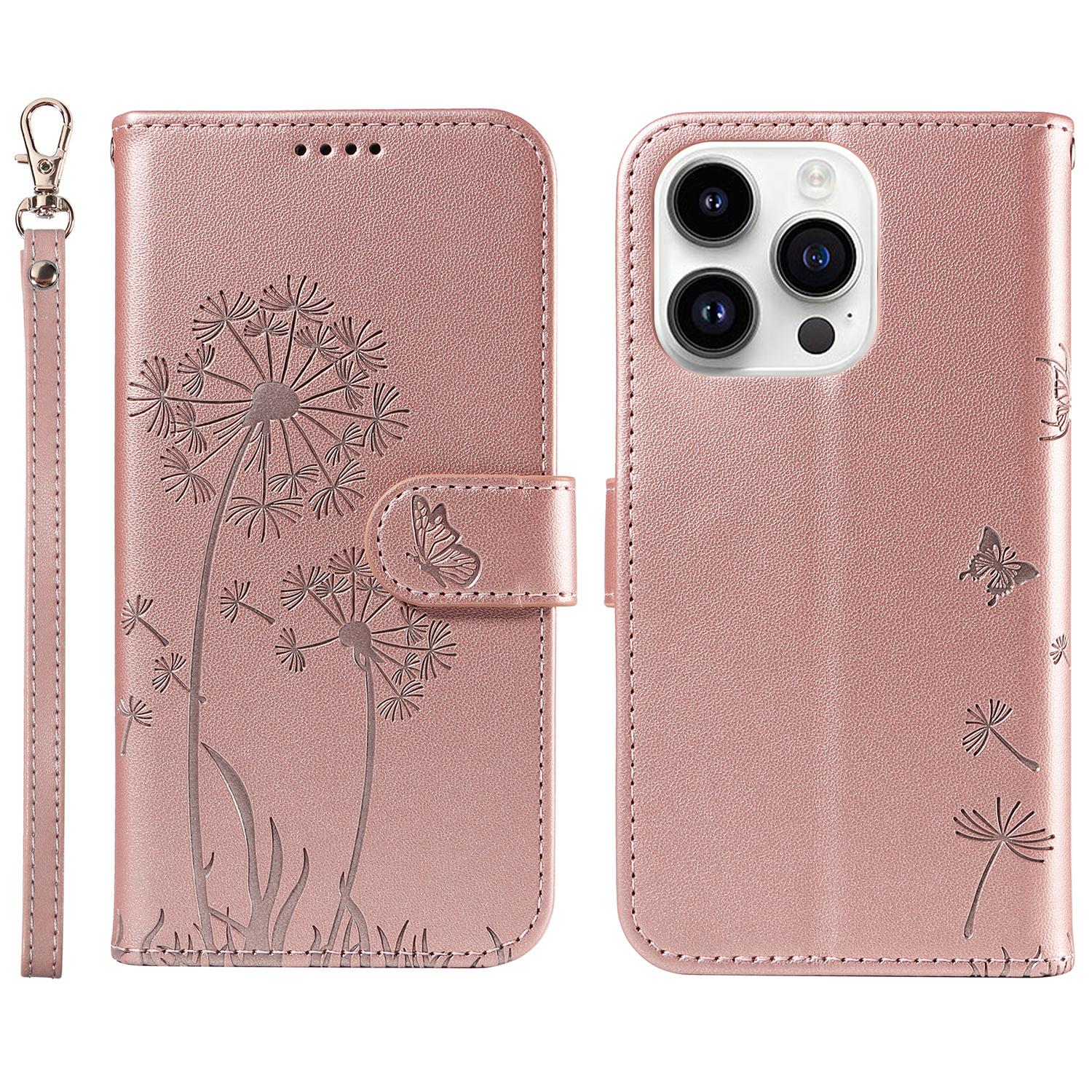

For iPhone 14 Pro Leather Case Wallet Phone Cover Dandelion Imprint Rose Gold